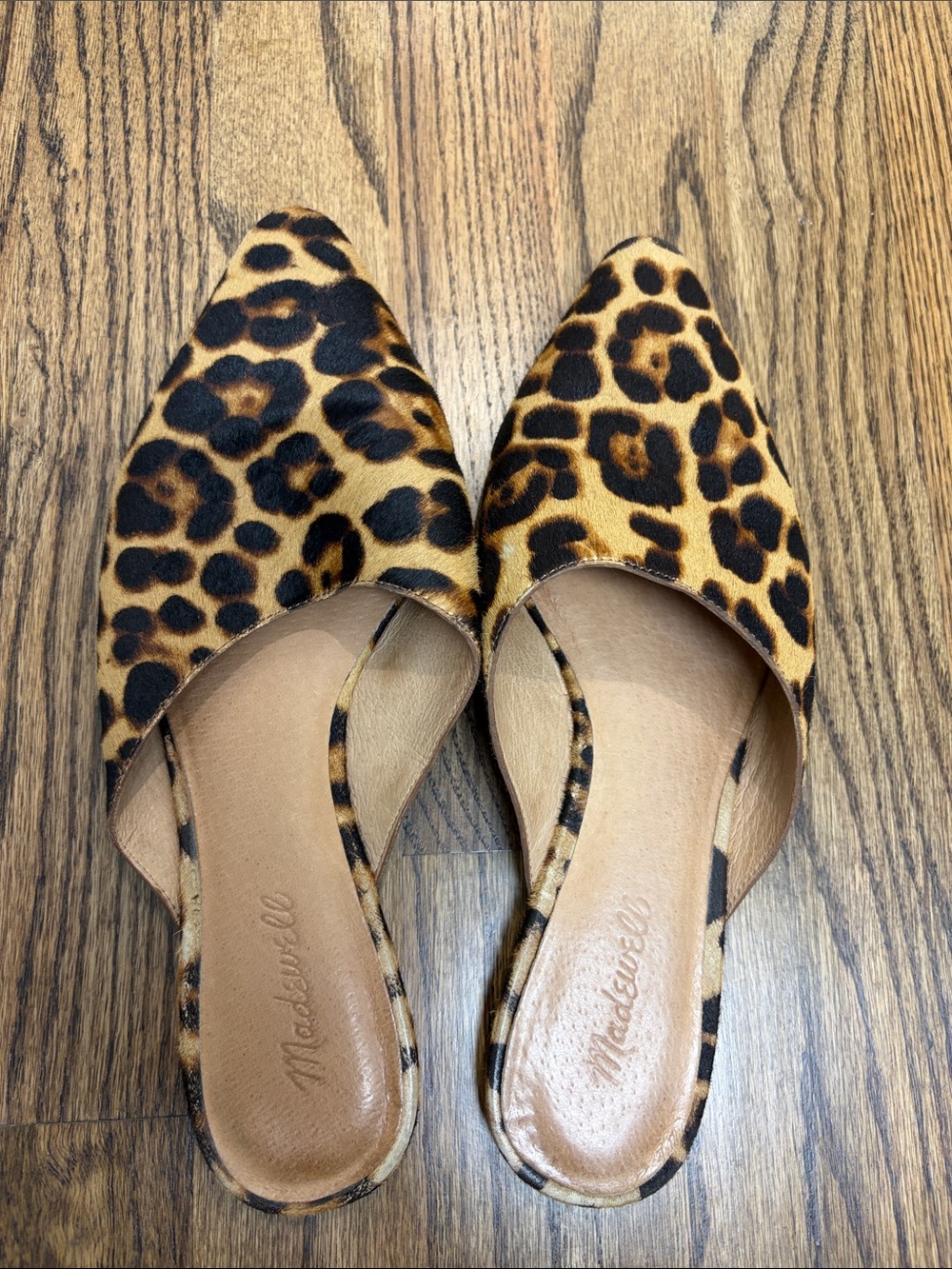 Madewell Leopard-Print Pointed Toe Mules in Tan and Black